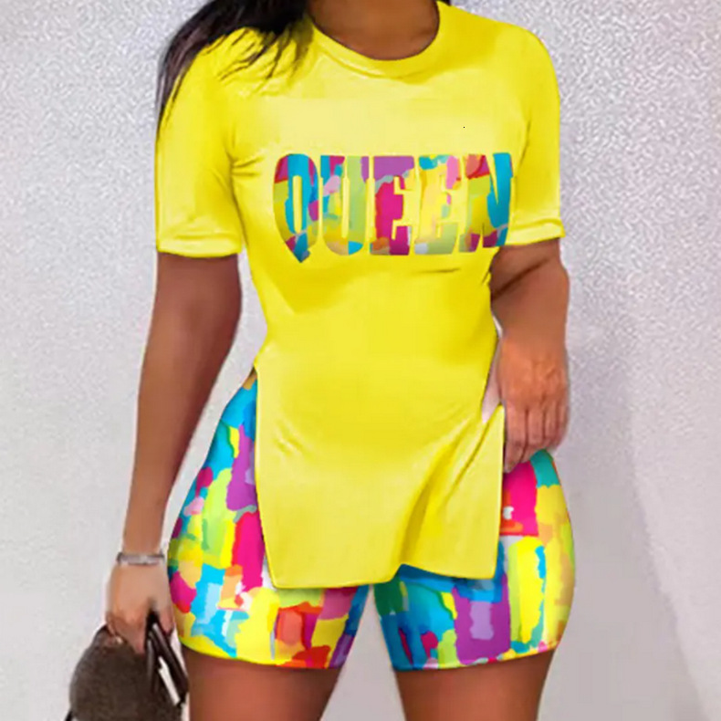 Women's Tracksuits Summer Women Shorts Suit Sets Short Sleeve Round Neck Plaid Letter Print Split Hem Top and Summer Shorts Set Woman Clothing Se