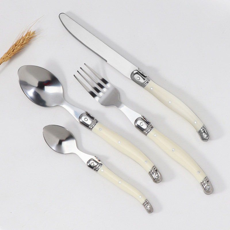 Dinnerware Sets 4/6/24pcs Laguiole Silverware Steak Knives Forks Spoons Teaspoon Set Stainless Steel Ivory white Plastic Handle Kitchen Cutlery 230503W251127