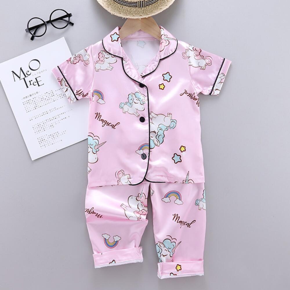 Pajamas 1-10 Years Children's Pyjamas Set Baby Suit Kids Clothes Toddler Girls Lce Silk Cartoon Unicorn Prints Tops Pants Nightgown Girl 230503
