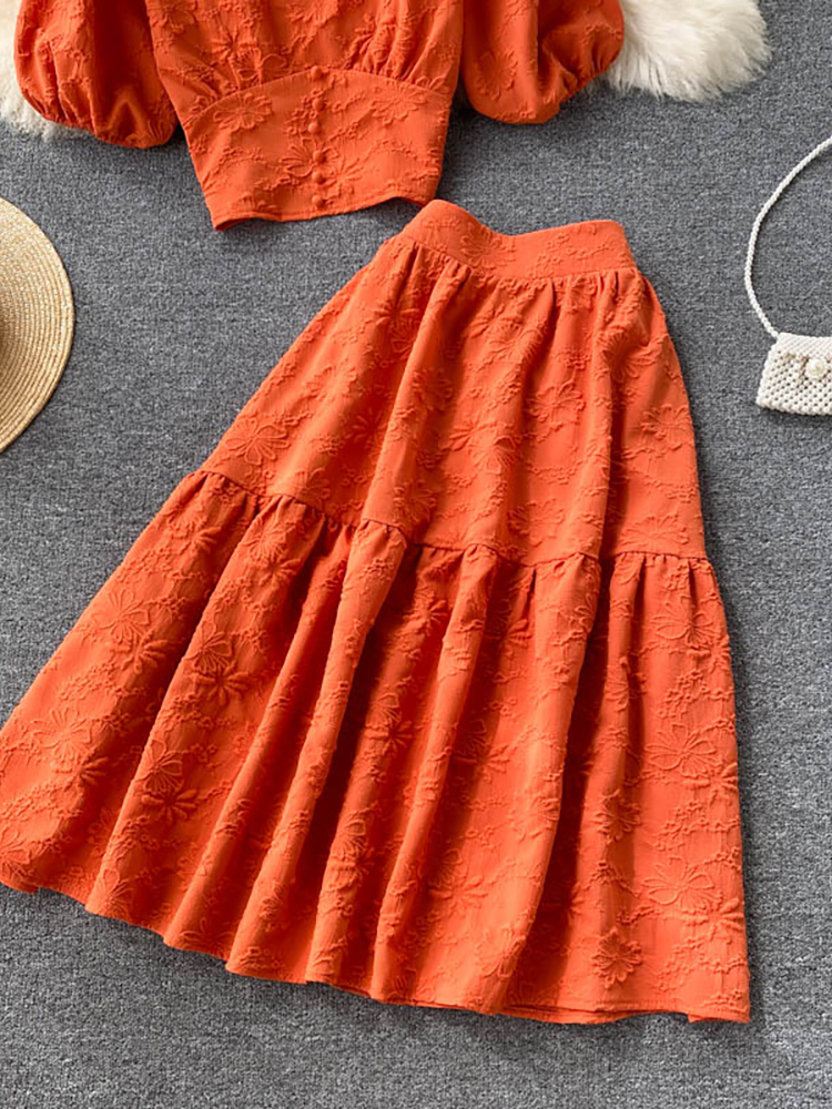 Two Piece Dress Purple/Orange/White Two Piece Set Women Vintage Square Collar Short Sleeve Tops High Waist A-Line Skirt Female Suits 230503