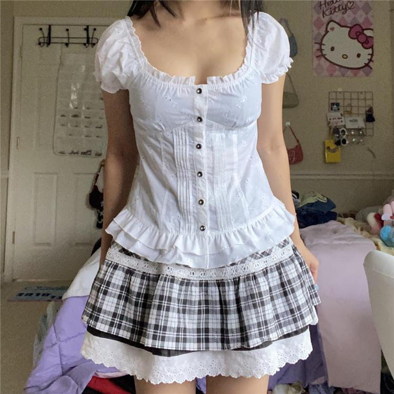 Camisoles Tanks Dour y 2000s Sweet White T shirt Summer Button U Neck Short Sleeve Back Tie up Ruffle Trim Tops Tee Fairycore Milkmaid Tshirt 230503