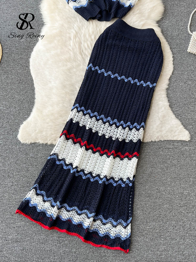 Two Piece Dress SINGREINY Summer Beach Knitted Two Pieces Suits Loose T ShirtLong Skirt Sets High Street Elastic Waist Striped Casual Sets 230503