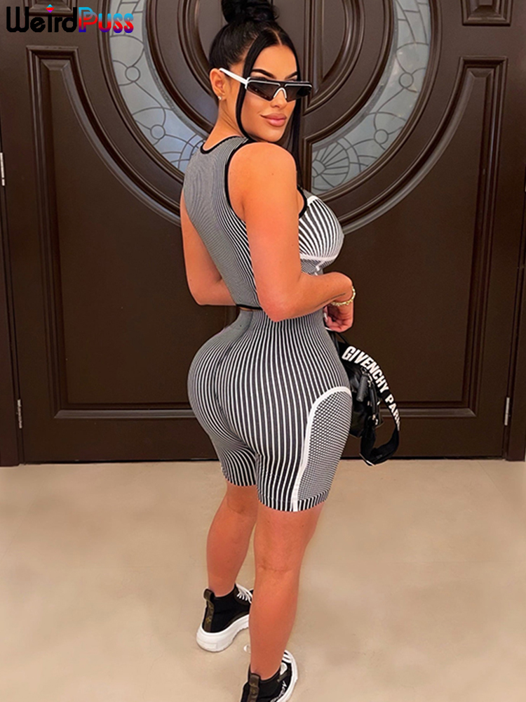 Women's Tracksuits Weird Puss Striped Print Women 2Piece Set Sleeveless Tank TopsSkinny Elastic Waist Shorts High Street Sportwear Matching Suits