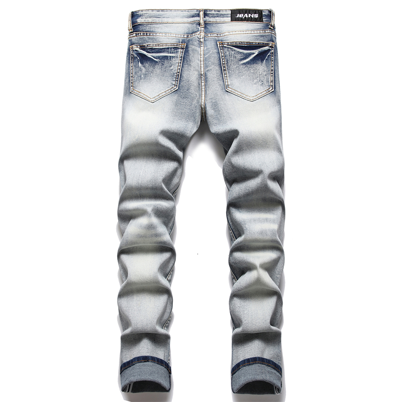 Men s Jeans Retro Blue Ripped Trendy Stretch Slim Pants High Quality Versatile Male Trousers Fashion Printed Cat Beard 230503