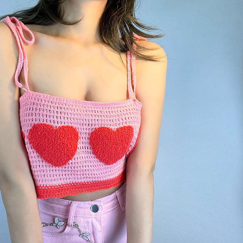 Camisoles Tanks Cute Heart Flocking Crochet Top Y2K Aesthetics Fairycore Kawaii Knitted Lace Up Strap Cropped 2000s Retro Women Cami Top Clothes 23050