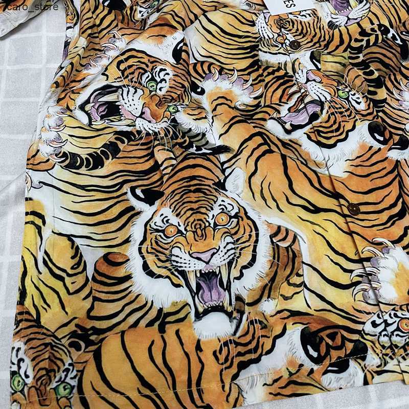 Men's Casual Shirts Real Photos WACKO MARIA Shirts Tiger Full Print Short-sleeved Cardigan Loose Holiday Seaside Hawaiian Shirt for Men Women J23