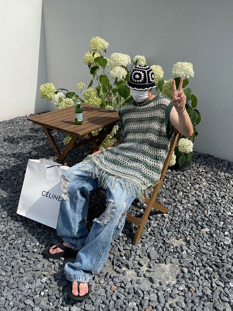 Men's Tank Tops HOUZHOU Striped Mesh Vest for Men Vintage Knit Sleeveless Tee Male Casual Summer Beach Japanese Streetwear Hip Hop 230428Z