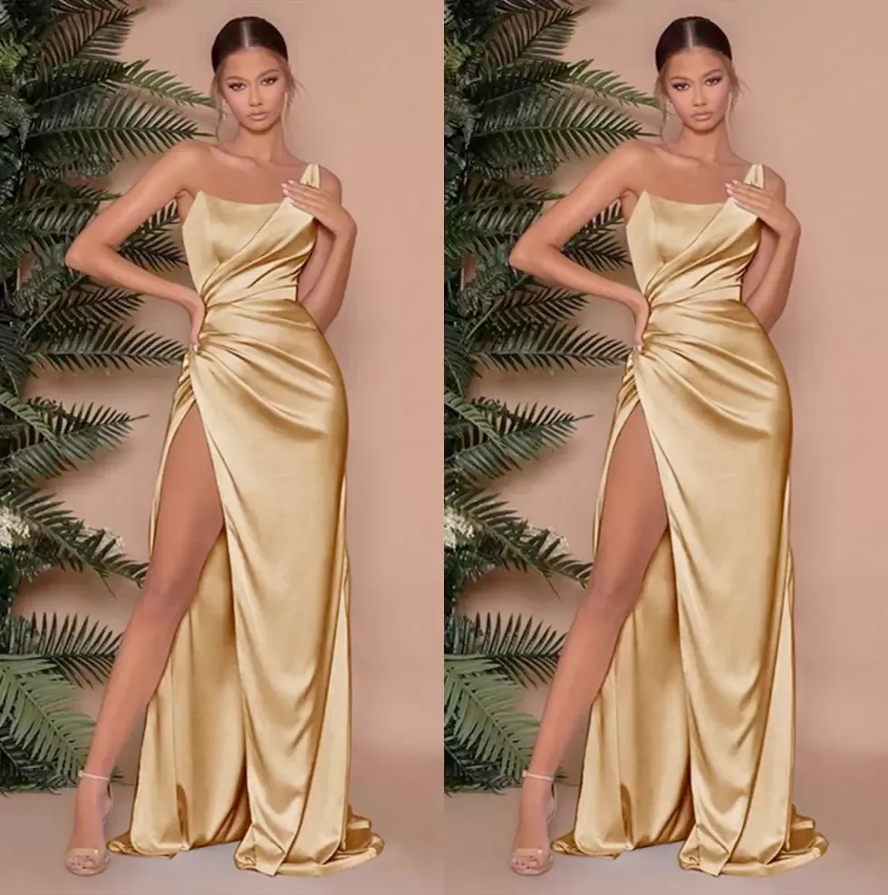 New Straight Bridesmaid Dresses One-Shoulder Floor-Length Sweep Train Satin long Thigh-High Slits Plus Size Custom