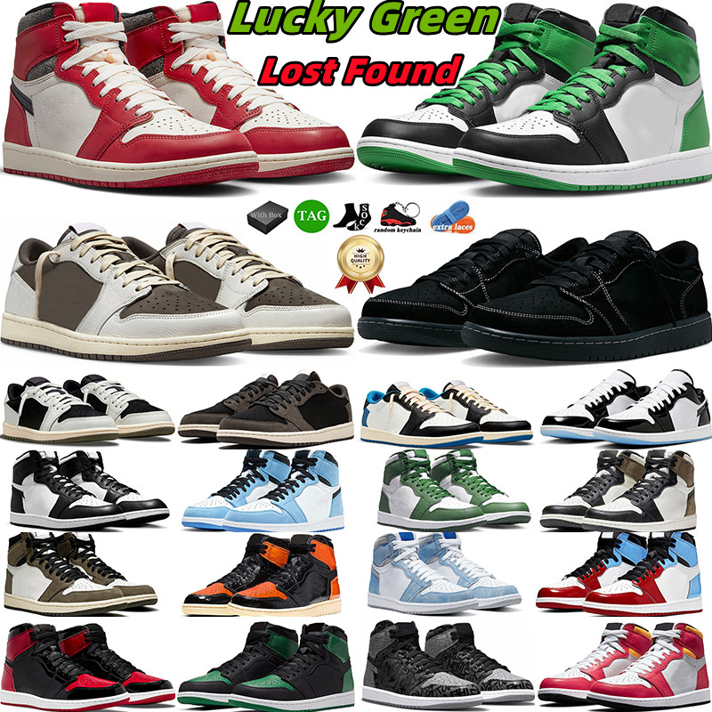 With box 1 Retro 1s low OG Basketball Shoes travis scotts Olive lost and found lucky green reverse mocha university blue Drak Mocha Mens Women Trainers Sports Sneakers