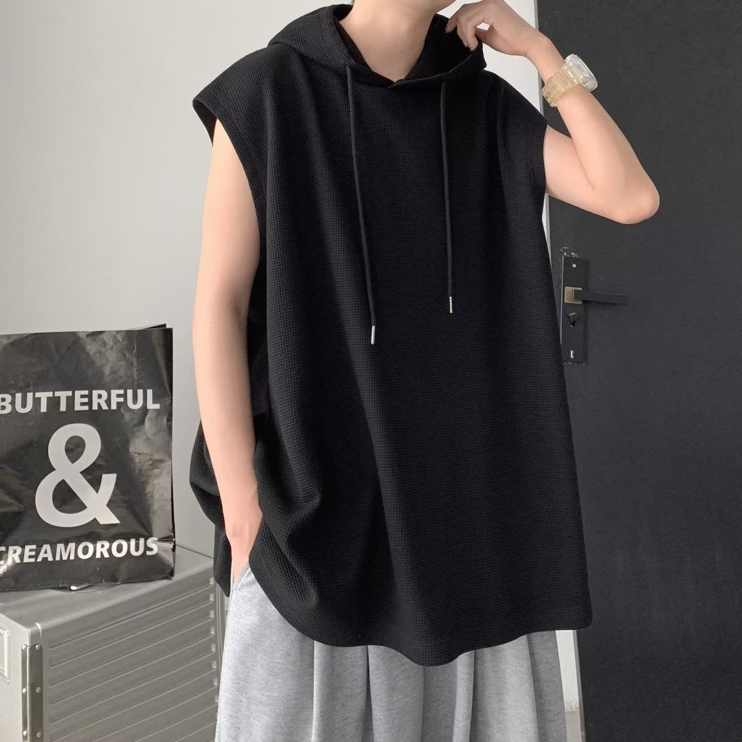 Men's Tank Tops Summer Sleeveless Shirts Hooded Solid Color High Street HipHop Style Oversized Sport TShirt Korean Fashion Clothing 230428Z