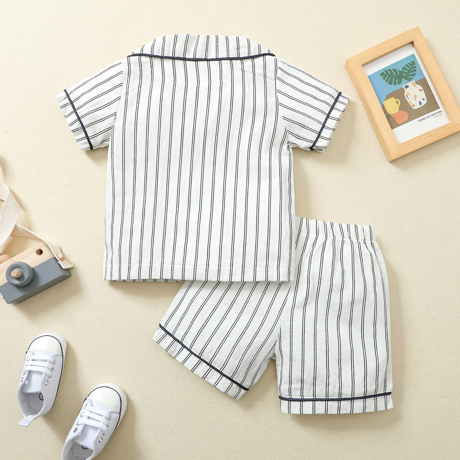 Pajamas Two Piece Striped Print Baby Kids Boys Pajamas Sets Summer Cotton Linen Short Sleeve Button Shirt High Waist Shorts 2pcs Suit 230503