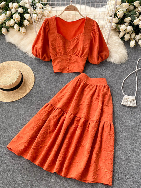 Two Piece Dress Purple/Orange/White Two Piece Set Women Vintage Square Collar Short Sleeve Tops High Waist A-Line Skirt Female Suits 230503
