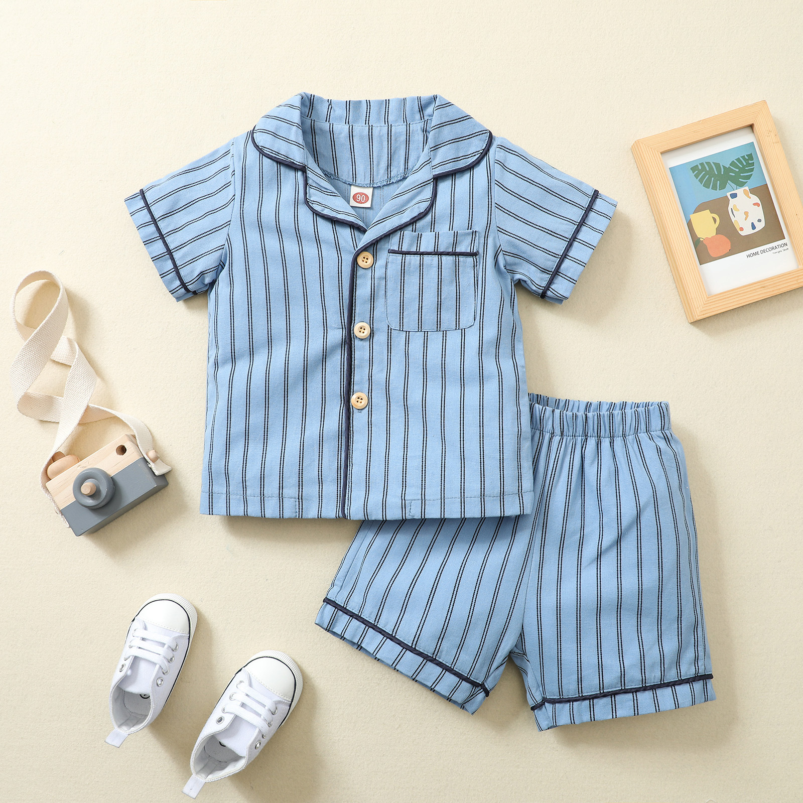 Pajamas Two Piece Striped Print Baby Kids Boys Pajamas Sets Summer Cotton Linen Short Sleeve Button Shirt High Waist Shorts 2pcs Suit 230503