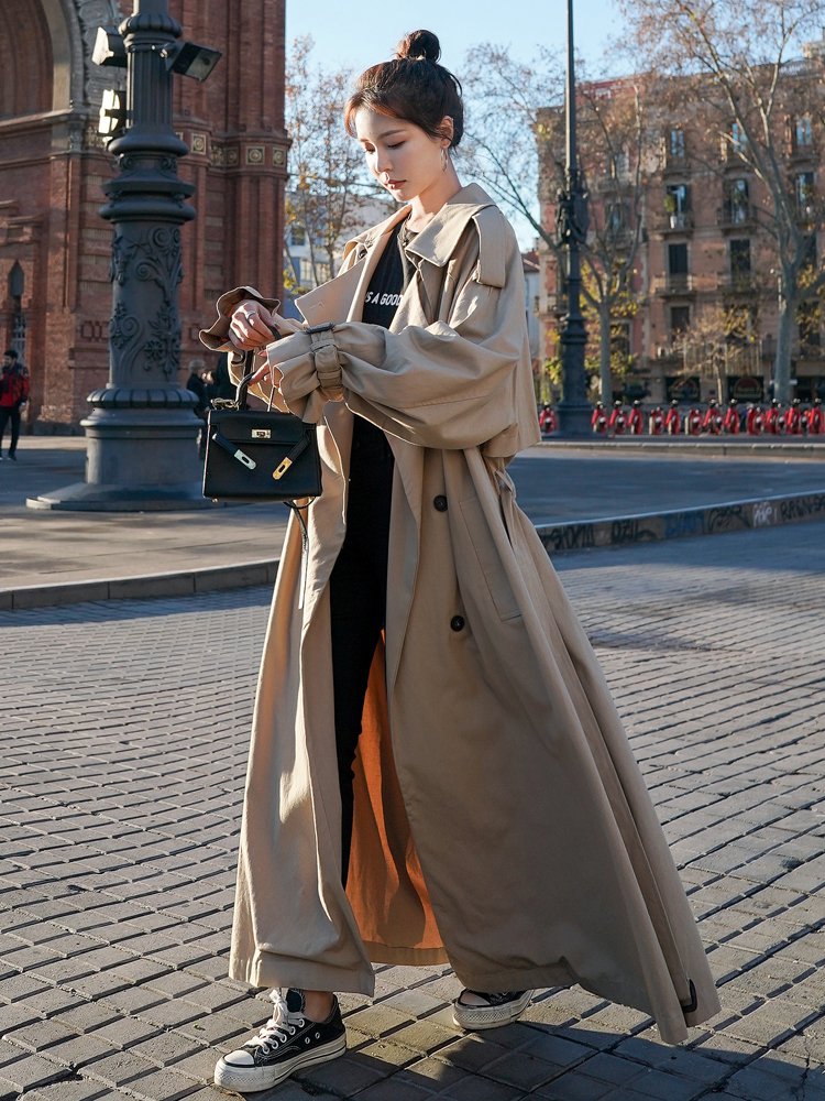 Women s Trench Coats Korean Style Loose Oversized X Long Coat Double Breasted Belted Lady Cloak Windbreaker Spring Fall Outerwear Grey 230503