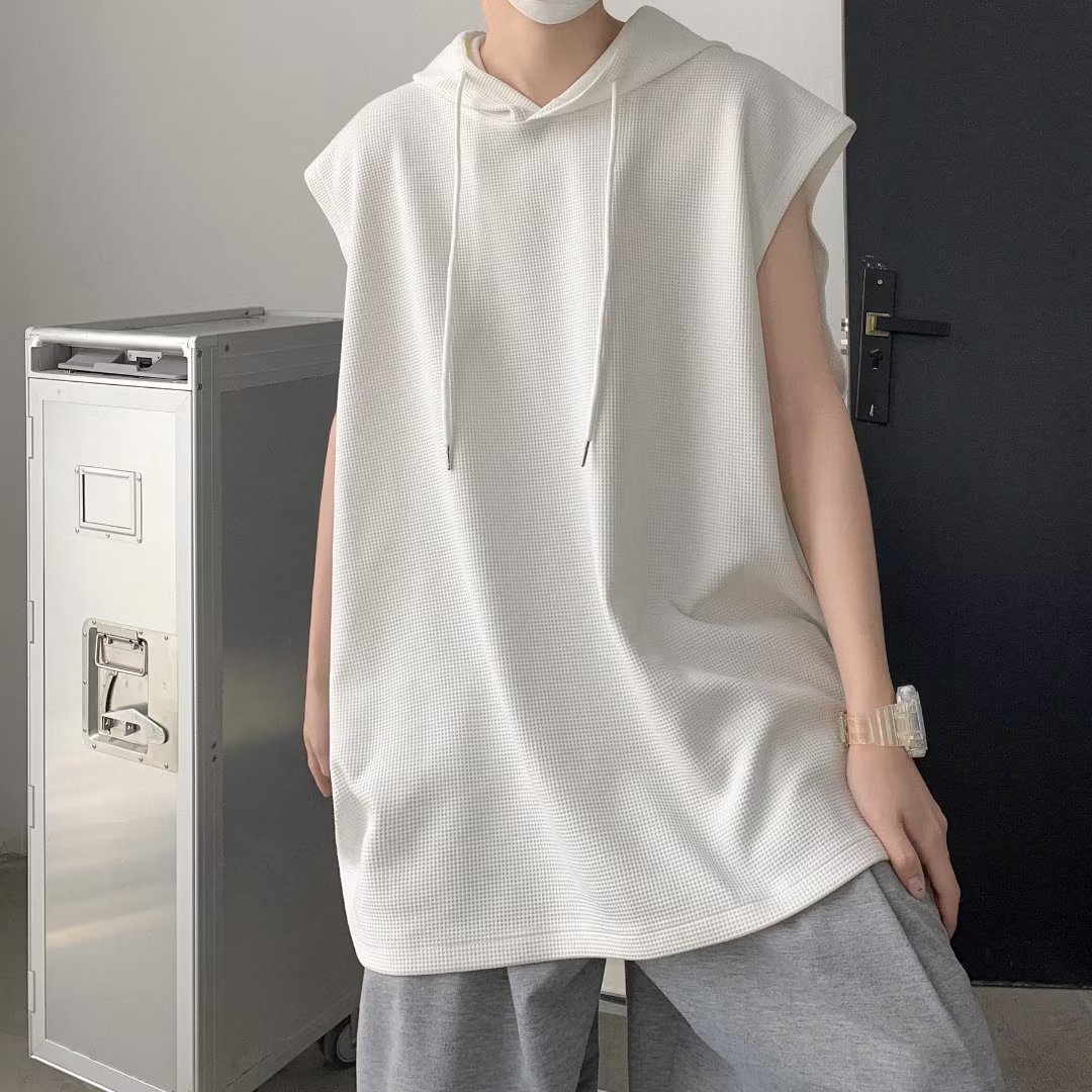 Men's Tank Tops Summer Sleeveless Shirts Hooded Solid Color High Street HipHop Style Oversized Sport TShirt Korean Fashion Clothing 230428Z