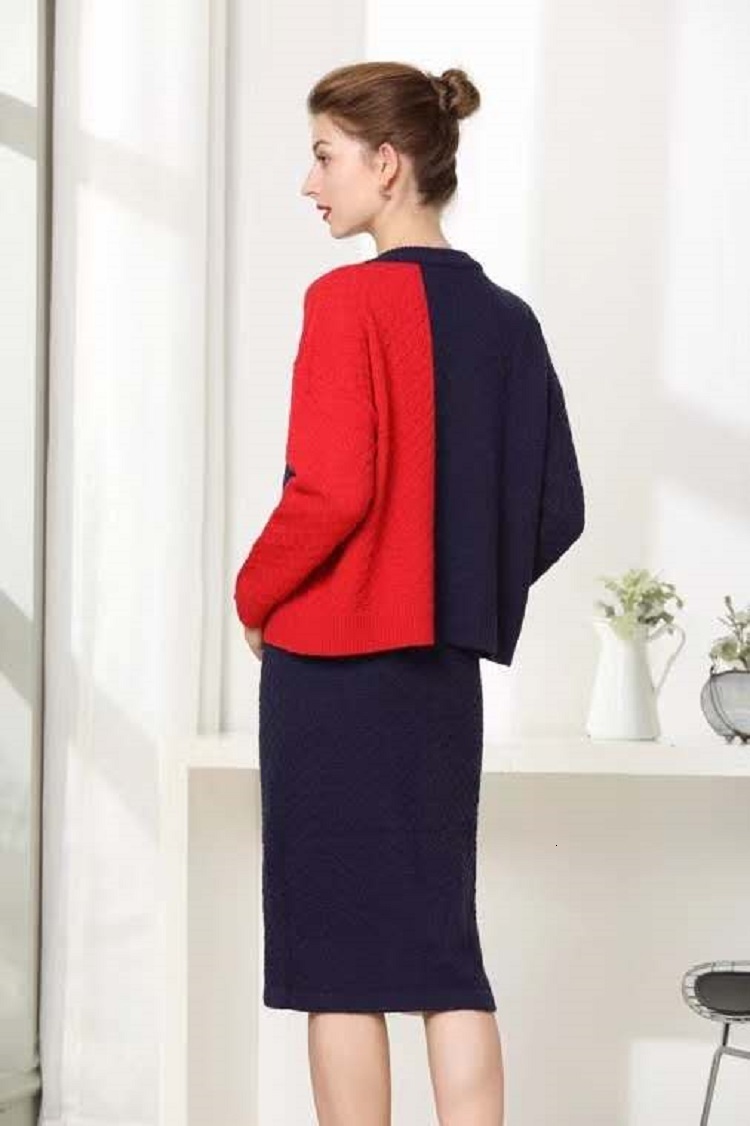 Two Piece Dress High Quality Sweater Suits Autumn Winter Knitted Set Women Color Block Knitting Pullover TopsKnee-Length Warm Skirt Sets 230503