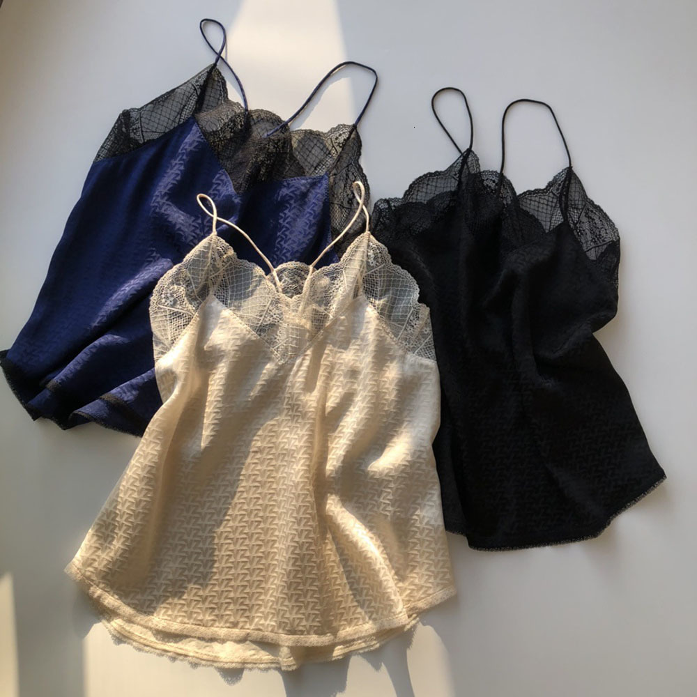 Camisoles Tanks 7evening Silk Letter Print Lace Patchwork V Neck Strap V Neckline Camisole Top Feature Jacquard Detail 230503