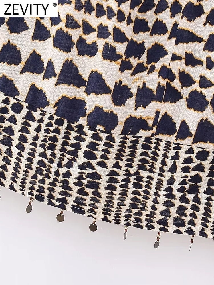 Skirts Zevity Women Vintage Geometric Print Knotted Mini Sarong Skirt Faldas Mujer Female Beading Tassel Casual Zipper Vestidos QUN4078 230503