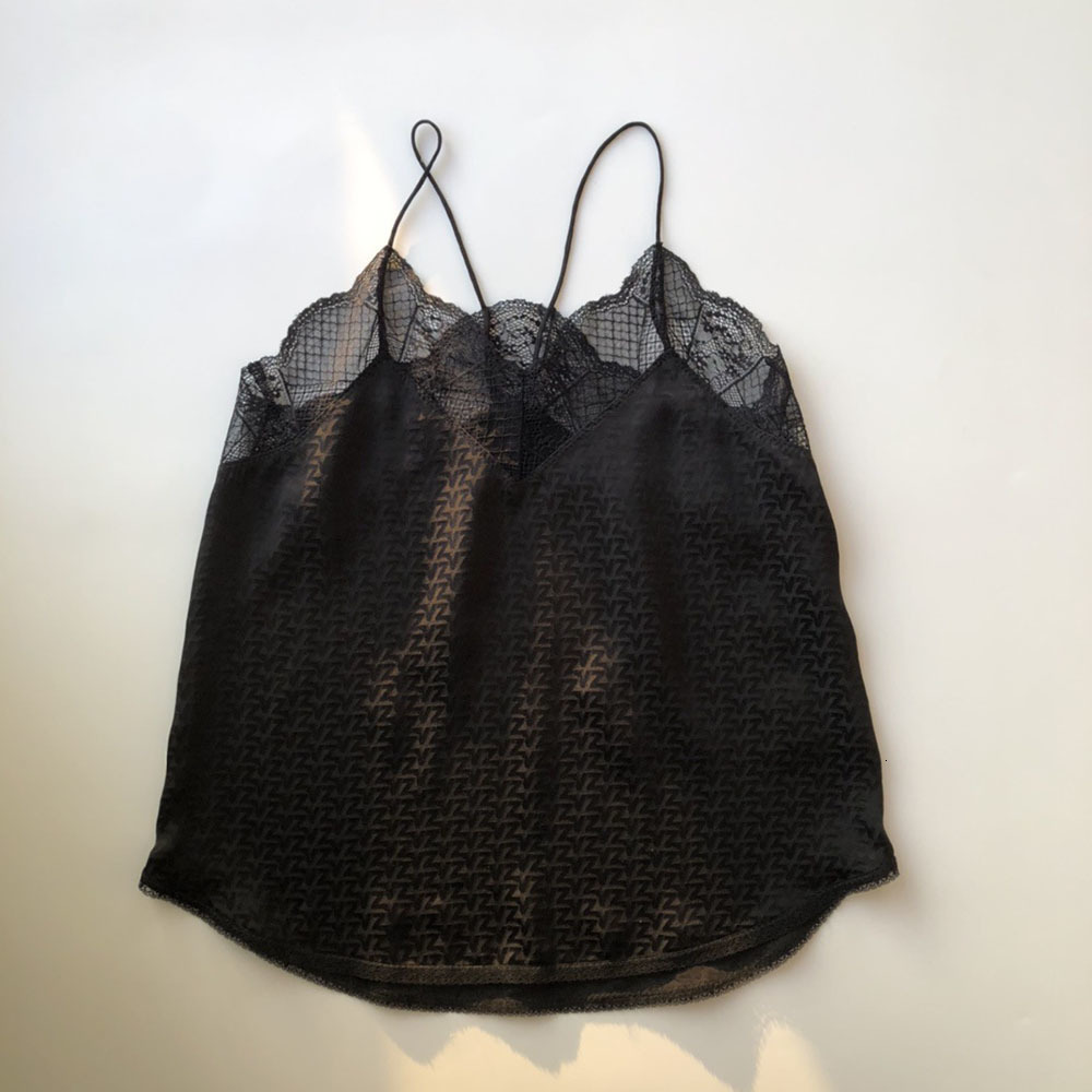 Camisoles Tanks 7evening Silk Letter Print Lace Patchwork V Neck Strap V Neckline Camisole Top Feature Jacquard Detail 230503