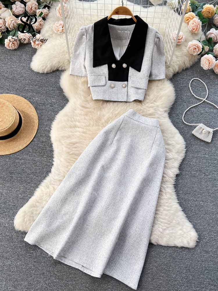 Two Piece Dress SINGREINY Summer OL Streetwear Skirt Sets Women Short Sleeve Double Breasted TopsMidi Long Skirts Fashion Two Pieces Suits 230503