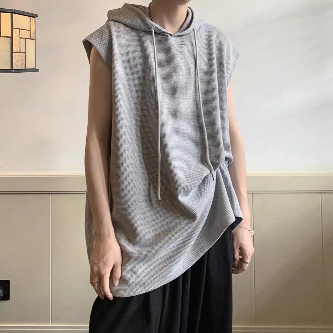 Men's Tank Tops Summer Sleeveless Shirts Hooded Solid Color High Street HipHop Style Oversized Sport TShirt Korean Fashion Clothing 230428Z