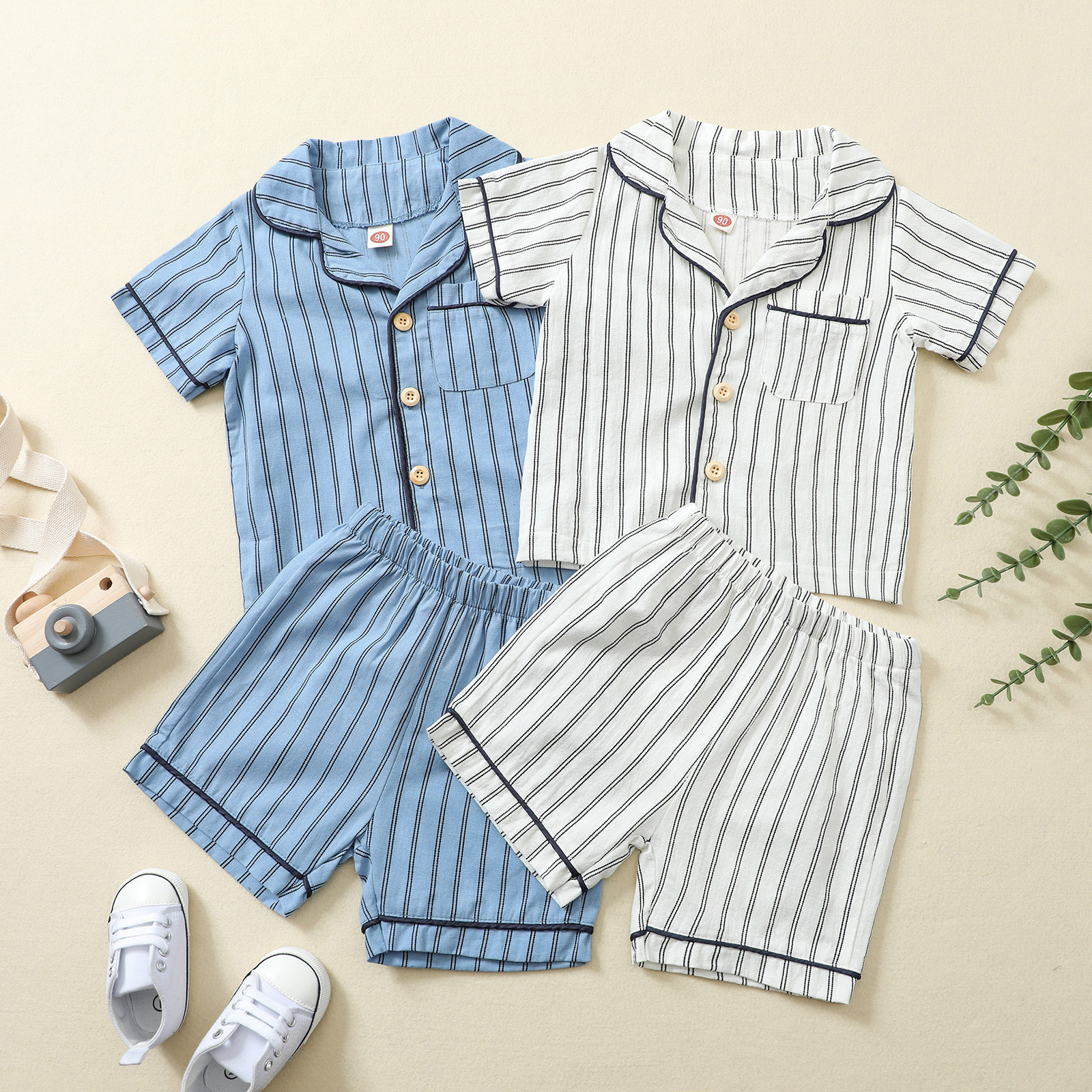 Pajamas Two Piece Striped Print Baby Kids Boys Pajamas Sets Summer Cotton Linen Short Sleeve Button Shirt High Waist Shorts 2pcs Suit 230503