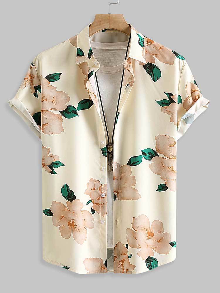 Men's Casual Shirts Shirt for Men Satin Floral Pattern Short Sleeves Blouses Stand Collar Silky Shirts for Vacation Daily Streetwear Tops 230503
