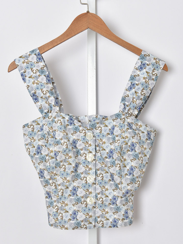 Camisoles Tanks Spring and Summer Rouj* 100% Cotton Sling Floral Print Single-breasted Women Casual Slim Camisole Top 230503