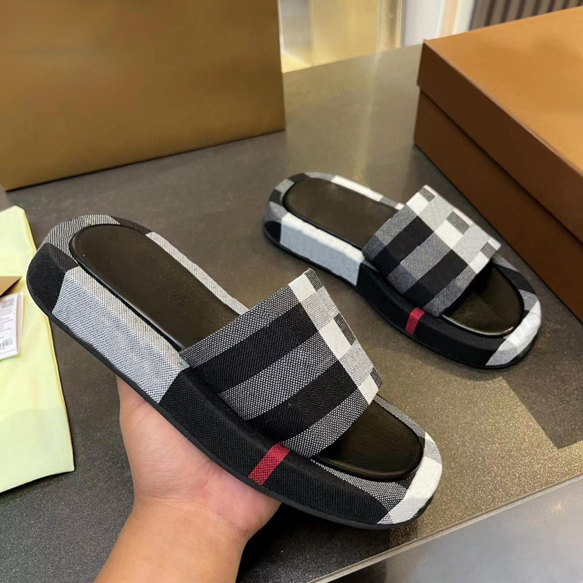 Designer Women Slippers Canvas Sandals Slides Genuine Leather Beige Brick Red Summer Beach Slippers Outdoor Party Classic Sandals