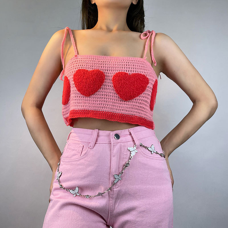 Camisoles Tanks Cute Heart Flocking Crochet Top Y2K Aesthetics Fairycore Kawaii Knitted Lace Up Strap Cropped 2000s Retro Women Cami Top Clothes 23050