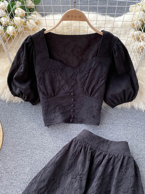 Two Piece Dress Purple/Orange/White Two Piece Set Women Vintage Square Collar Short Sleeve Tops High Waist A-Line Skirt Female Suits 230503