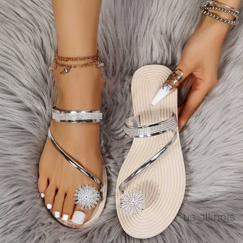 Dress Shoes Women Summer Flat Rhinestone Flower Beac Comfy Clip Toe Lady Flat Beach Sandals Casual Female Flip Flops Zapatos Mujer
