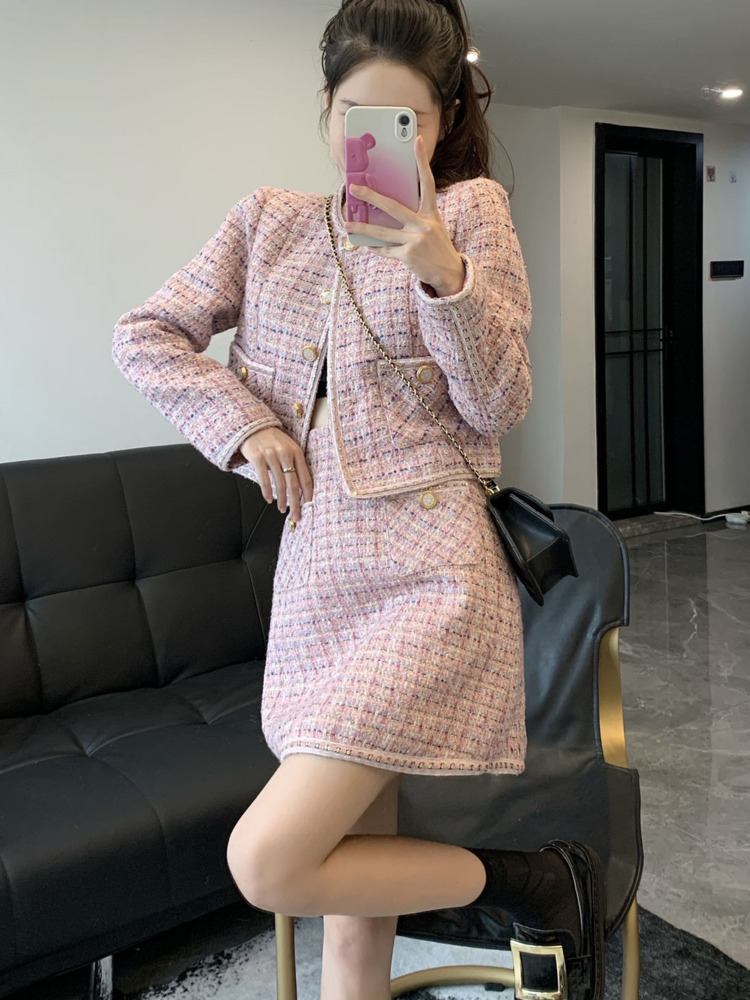 Two Piece Dress Small Fragrance Vintage Tweed Two Piece Set Women Crop Top Woolen Short Jacket Coat Mini Skirts Sets Pink Two Piece Suits 230503