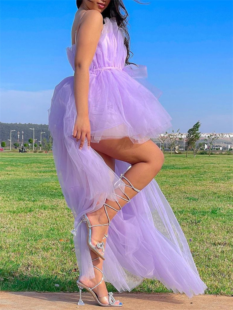 Casual Dresses Strapless Off Shoulder High Waist Asymmetrical Hem Tulle Dresses Mesh Sheer Elegant Women Formal Ball Gown Dress 230503