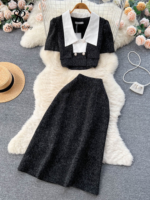 Two Piece Dress SINGREINY Summer OL Streetwear Skirt Sets Women Short Sleeve Double Breasted TopsMidi Long Skirts Fashion Two Pieces Suits 230503