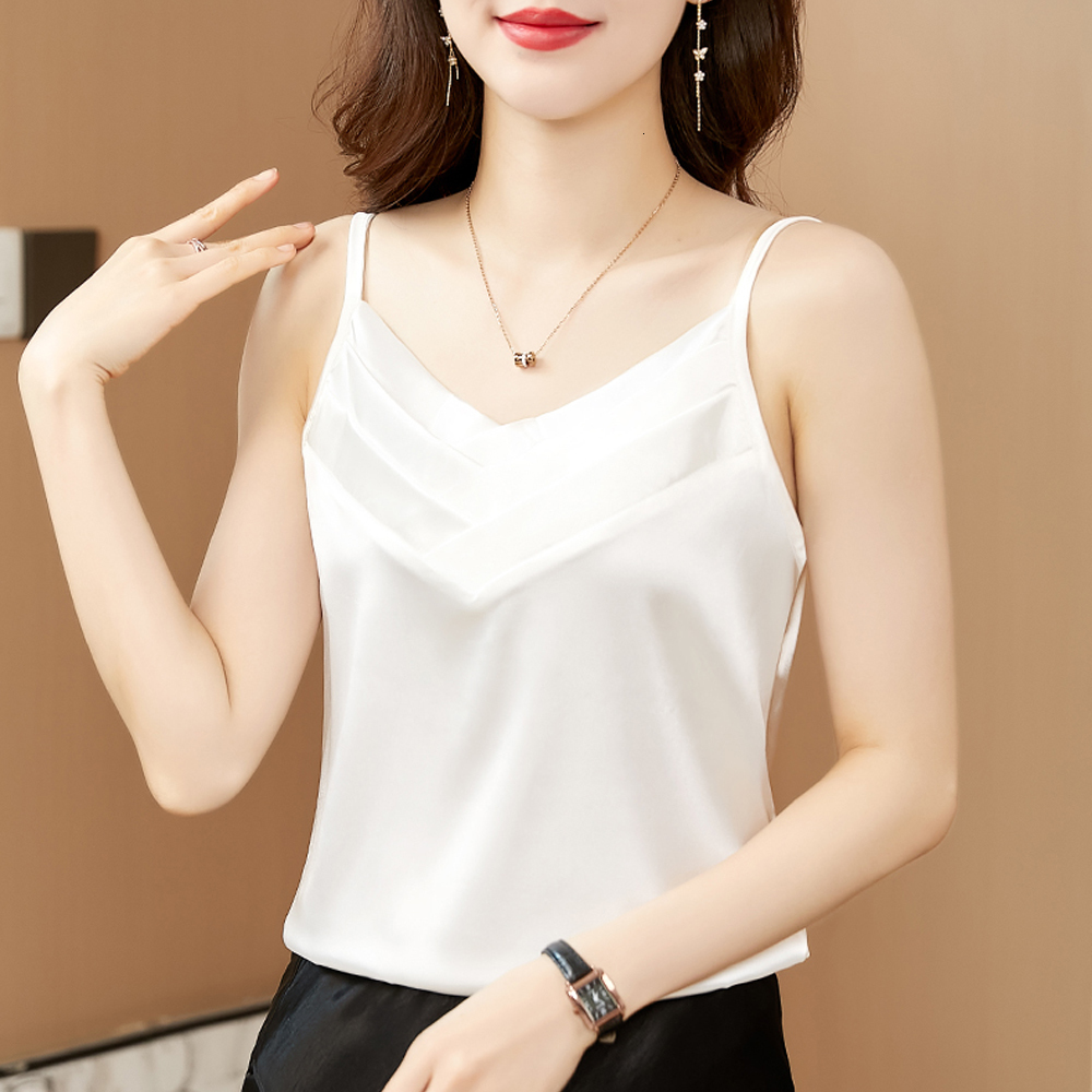 Camisoles Tanks Sexy Summer Chic Pleated Tank Top Women Fashion Sleeveless Loose Satin Camisole Vest Female Basic Tops Vintage Clothing 230503
