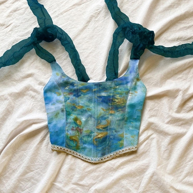 Camisoles Tanks Women Summer Tie-Up Ribbon Corset Crop Top Sexy Backless Lace-Up Slim Bustier Camisole Retro Oil Painting Graphic Boned Top 230503