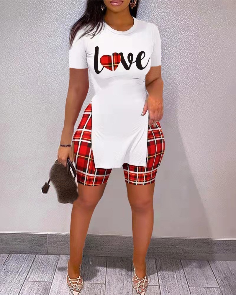 Women's Tracksuits Summer Women Shorts Suit Sets Short Sleeve Round Neck Plaid Letter Print Split Hem Top and Summer Shorts Set Woman Clothing Se