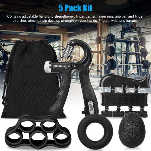 5 pcs Forearm Strengthener - Hand Squeezer Adjustable Resistance, Finger Stretcher, Grip Ring, Relief Ball and Finger Exerciser Black
