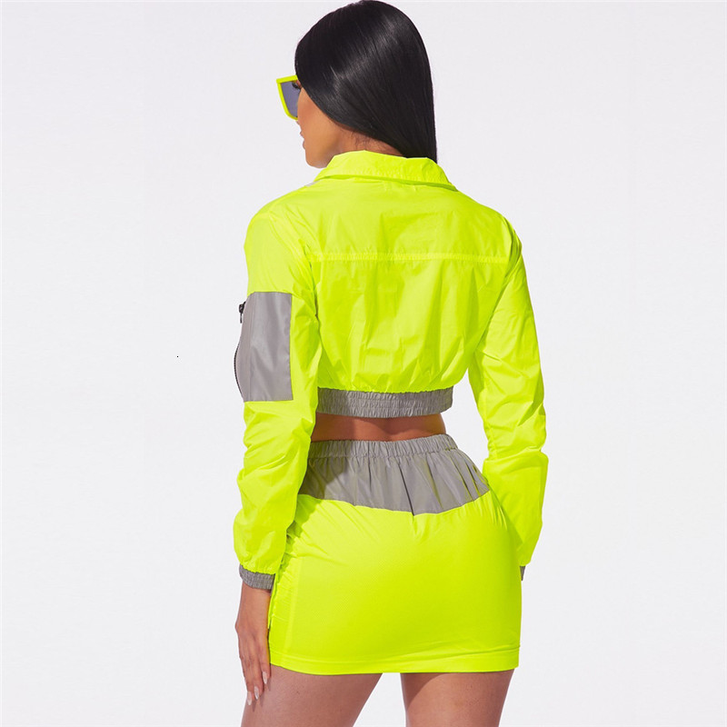 Two Piece Dress Sexy Neon Reflective Women's Two Piece Set Streetwear Bandage Zipper Jacket Crop Top Mini Skirt Pink Club Matching Outfit Suit 23