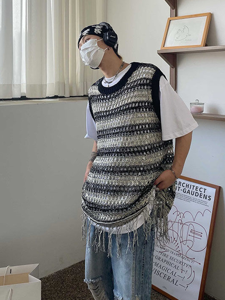 Men's Tank Tops HOUZHOU Striped Mesh Vest for Men Vintage Knit Sleeveless Tee Male Casual Summer Beach Japanese Streetwear Hip Hop 230428Z