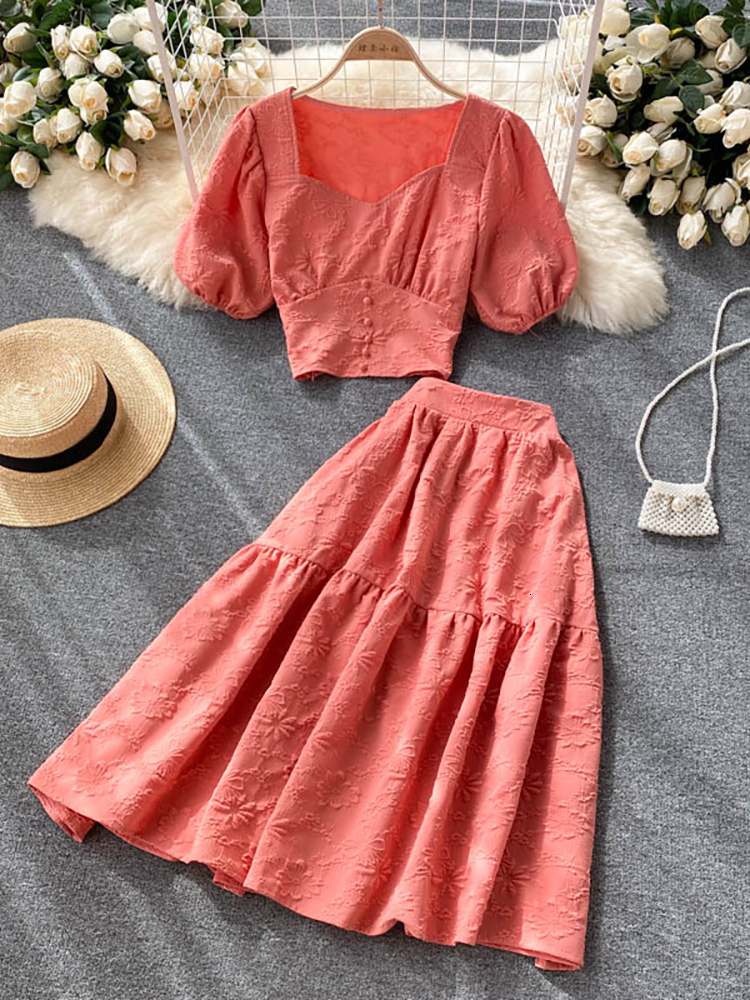 Two Piece Dress Purple/Orange/White Two Piece Set Women Vintage Square Collar Short Sleeve Tops High Waist A-Line Skirt Female Suits 230503