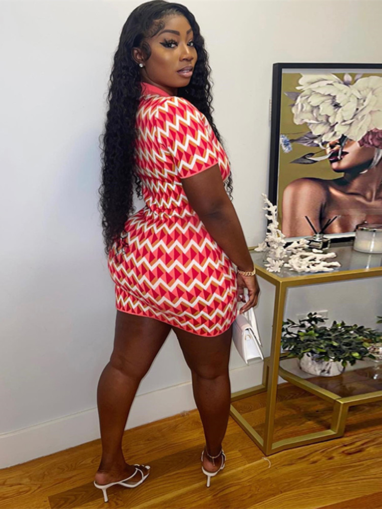 Casual Dresses Kliou Striped Print Mini Dress Women Fashion Polo Neck Short Sleeve Buttons BodyShaping Attirewear Female Street Mujer 230503