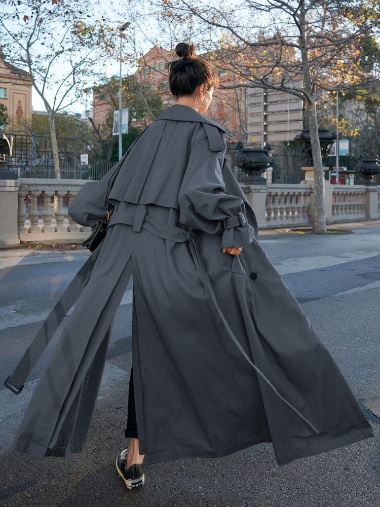 Women s Trench Coats Korean Style Loose Oversized X Long Coat Double Breasted Belted Lady Cloak Windbreaker Spring Fall Outerwear Grey 230503