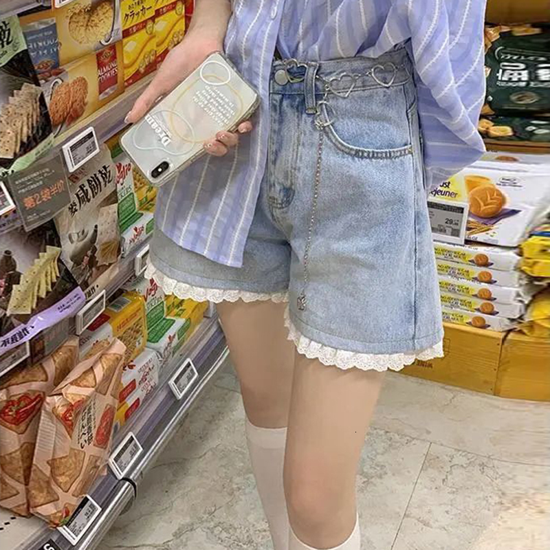 Women's Shorts Women Sweet Shorts Lace Patchwork All-match Denim Daily Korean Style Kawaii Preppy Fashion Simple Cozy High Waist Chic Students 23