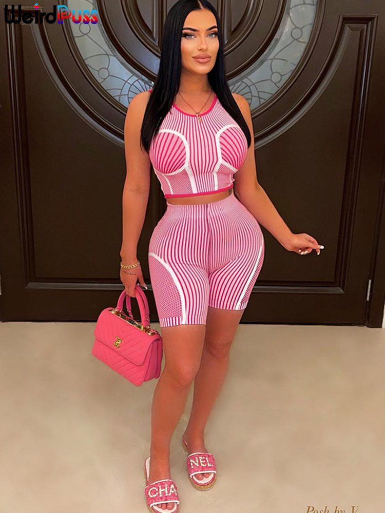Women's Tracksuits Weird Puss Striped Print Women 2Piece Set Sleeveless Tank TopsSkinny Elastic Waist Shorts High Street Sportwear Matching Suits