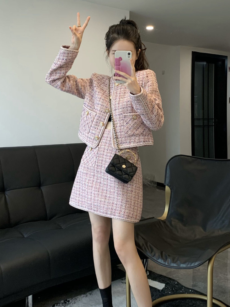 Two Piece Dress Small Fragrance Vintage Tweed Two Piece Set Women Crop Top Woolen Short Jacket Coat Mini Skirts Sets Pink Two Piece Suits 230503