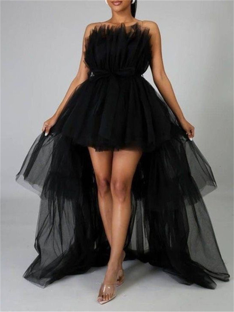 Casual Dresses Strapless Off Shoulder High Waist Asymmetrical Hem Tulle Dresses Mesh Sheer Elegant Women Formal Ball Gown Dress 230503