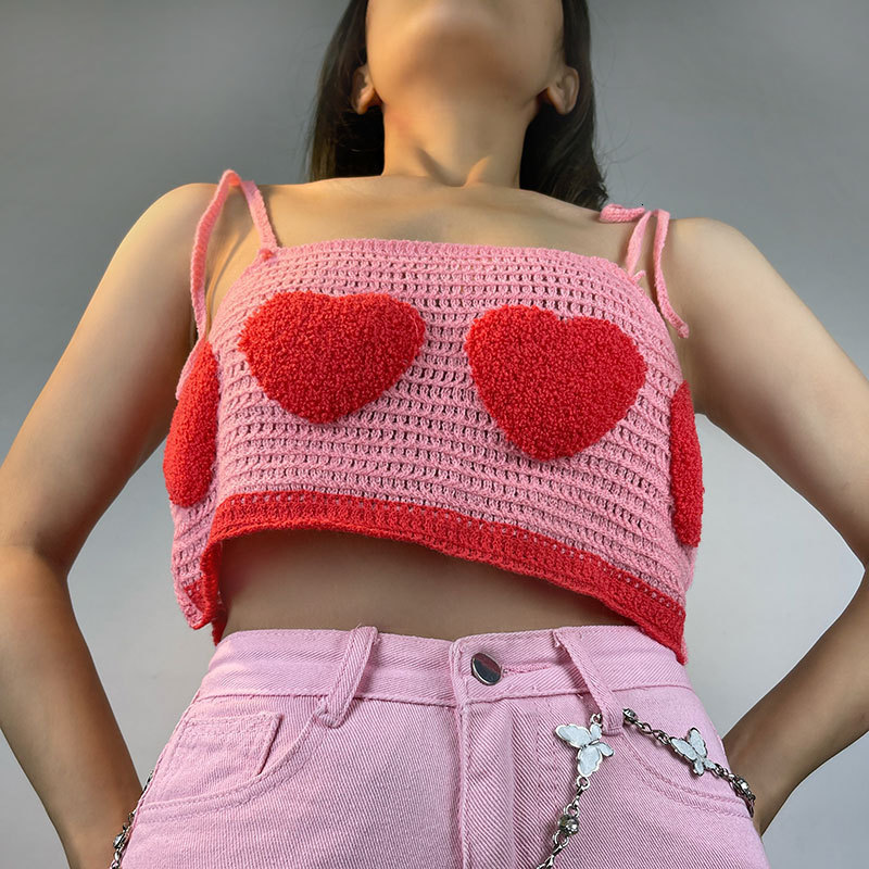 Camisoles Tanks Cute Heart Flocking Crochet Top Y2K Aesthetics Fairycore Kawaii Knitted Lace Up Strap Cropped 2000s Retro Women Cami Top Clothes 23050