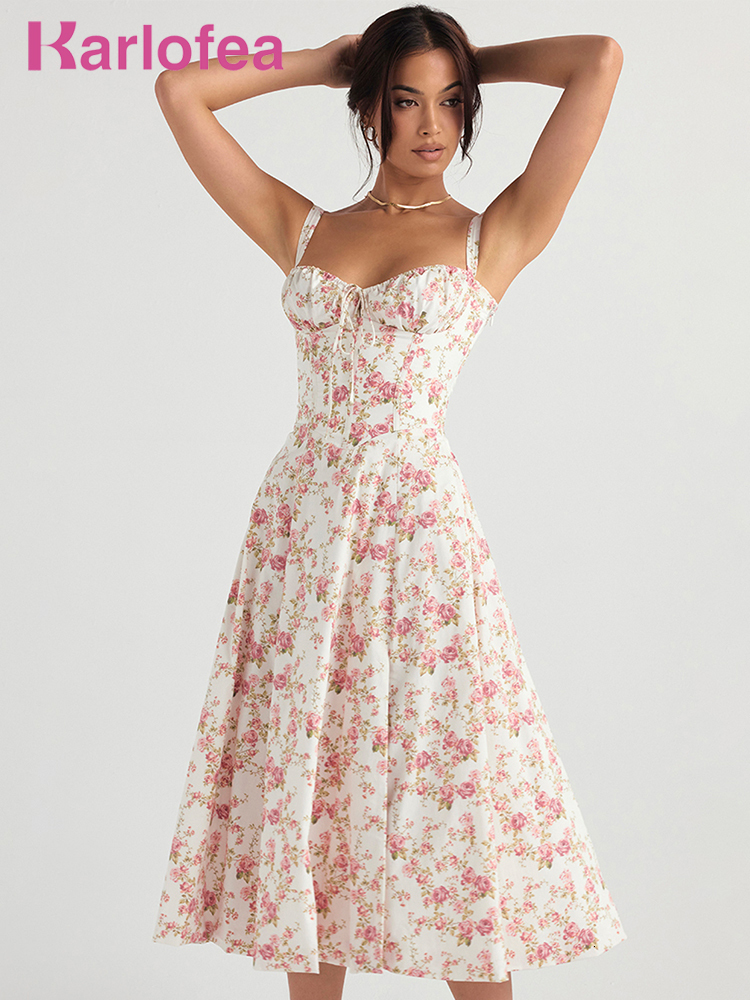 Casual Dresses Karlofea Elegant Vintage Print Floral Midi Sexy Back Lace Up Robe Fashion Farm Party Clothing Women s Summer Long Dress 230503